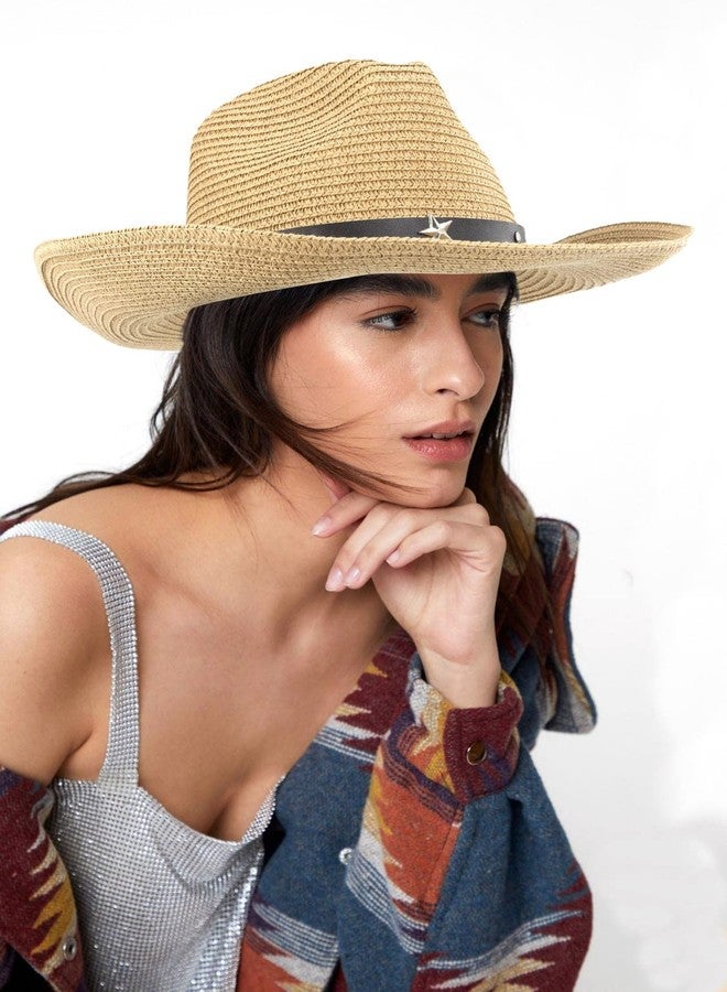 Vikodah Women Straw Sun Hat Wide Brim Western Cowboy Cowgirls Style UV-Protection Beach Hat with Wind Lanyard Khaki - Image 2